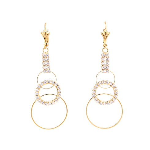 Introducing the elegant 2 inch Drop Earrings with Zirconia Stones. Crafted in 14k gold-filled material, these earrings feature a series of interlinked circles, some adorned with zirconia stones for added versatility. The design is completed with larger plain hoops at the bottom, exuding a sophisticated touch.